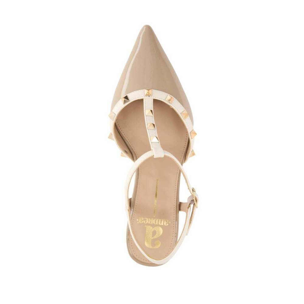 NWOT - ANDREA FENZI Beige Patent Pointed Toe Studded T-Strap Kitten Heels - Picture 3 of 4
